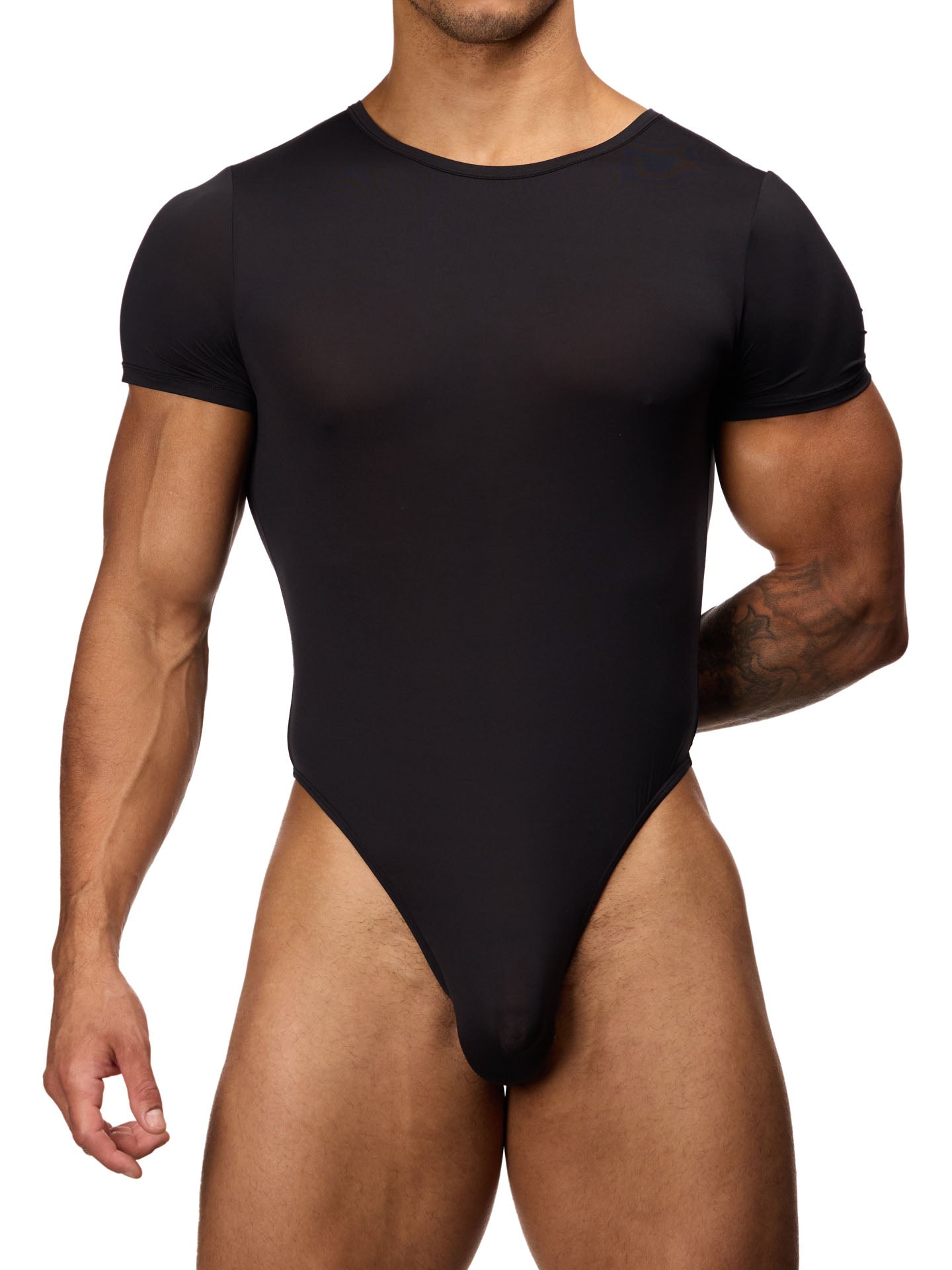 Front view of a male model wearing a black Body Aware bodysuit with short-sleeves