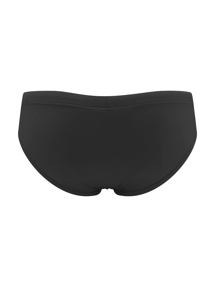 Back view of a black men's swim brief on a white background