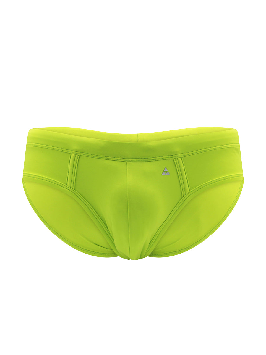 Front view of lime green swim briefs with the Body Aware brand logo against a white background.