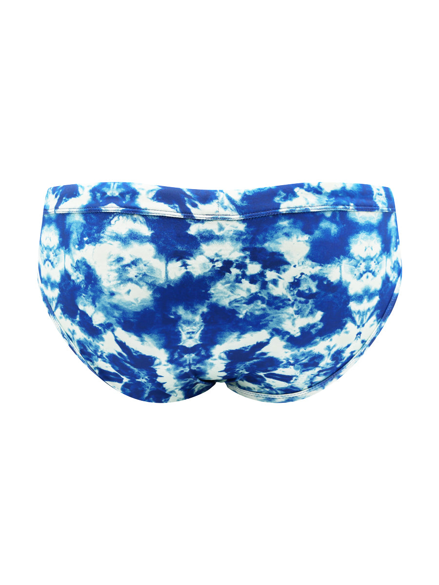 Back view of blue and white tie dye swim briefs on a white background