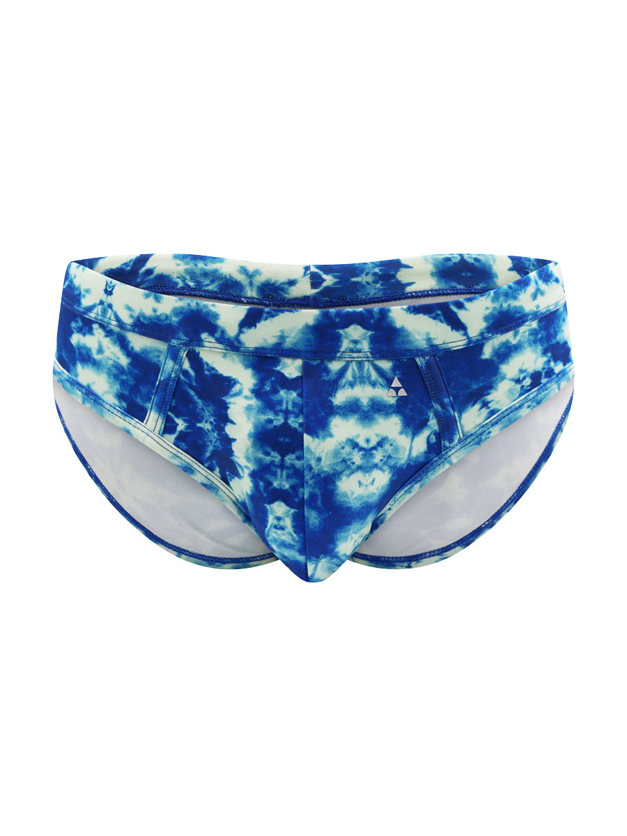 Front view of blue and white tie dye swim briefs with the Body Aware brand logo