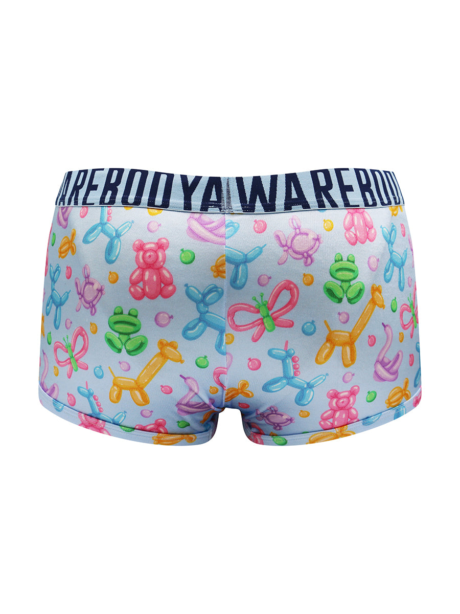 Back view of men's satin boxers with a colorful balloon animal print