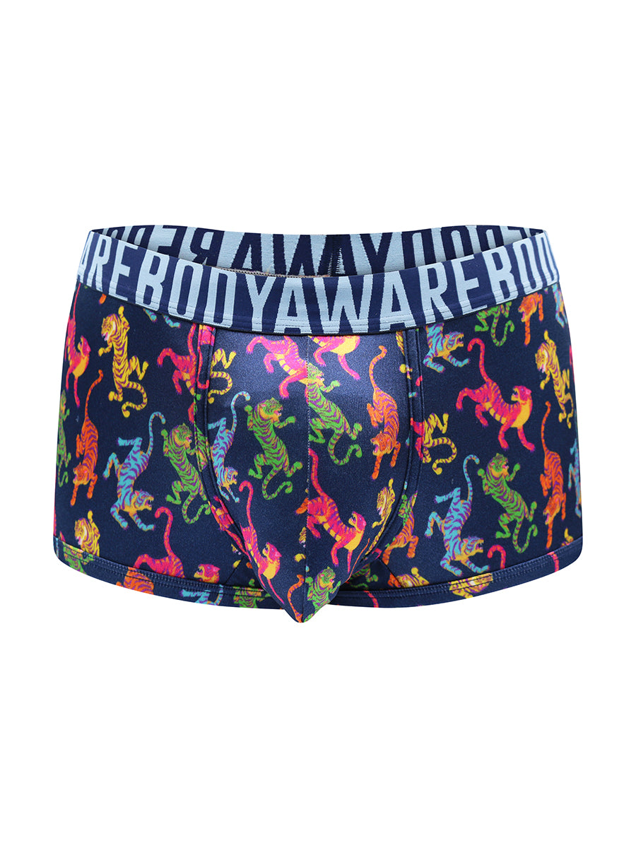 Navy blue satin boxers with a colorful tiger print