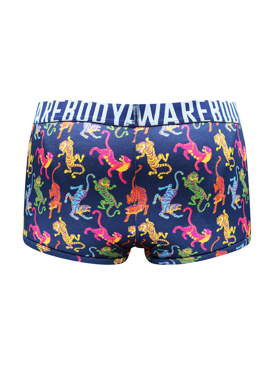 Rear view of navy blue satin boxers with a colorful tiger print