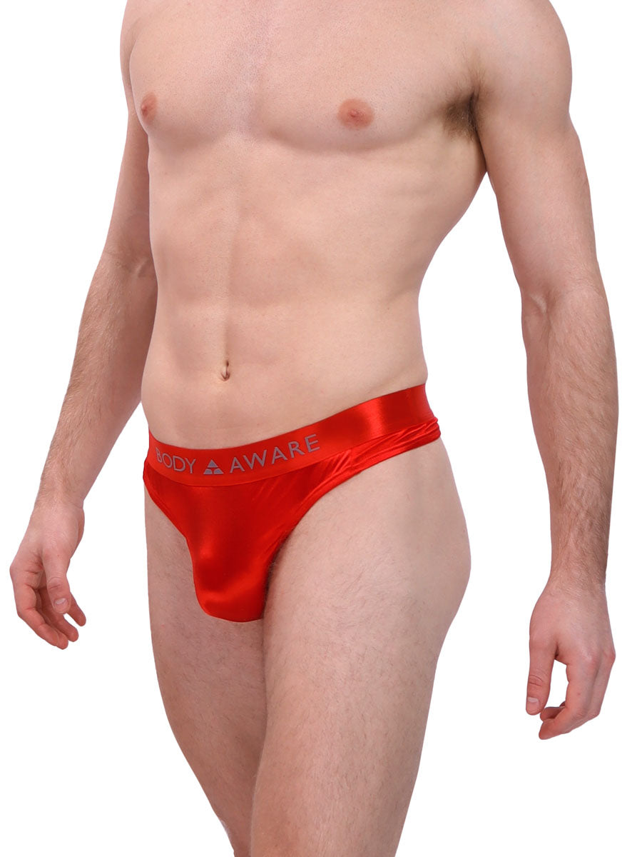 men's red logo band satin thong - Body Aware