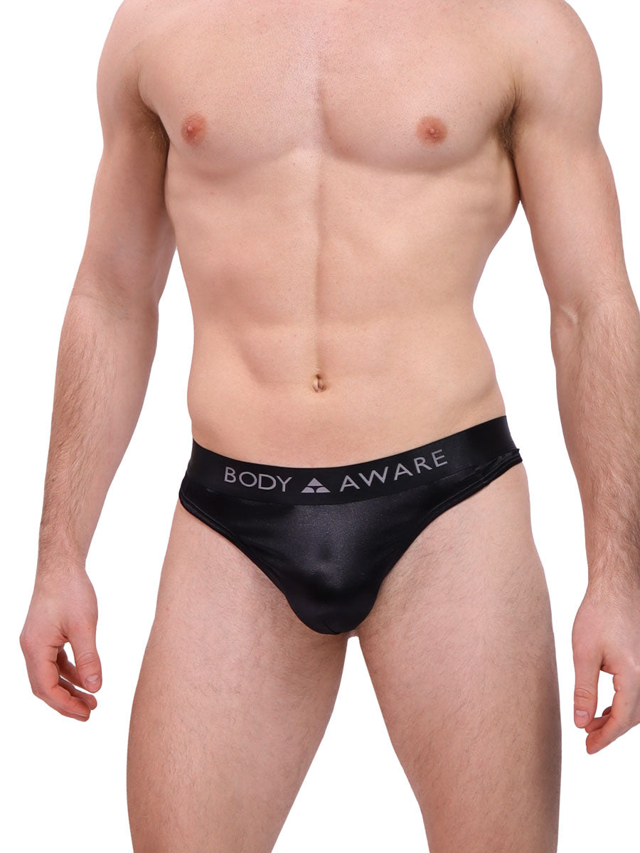 men's black satin logo band thong- Body Aware
