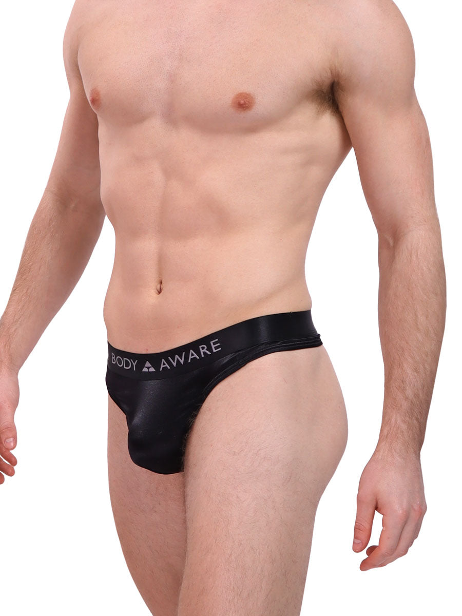 men's black satin logo band thong- Body Aware