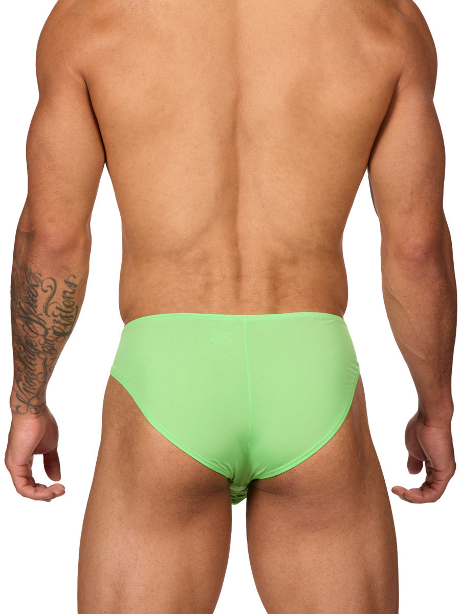 Back view of a male model wearing a lime green men's brief with shaping pouch