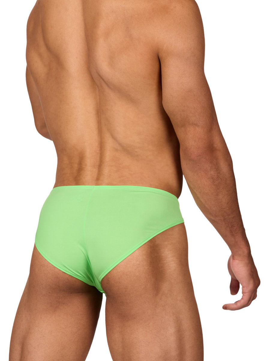 Rear side view of a male model wearing a lime green men's brief with shaping pouch