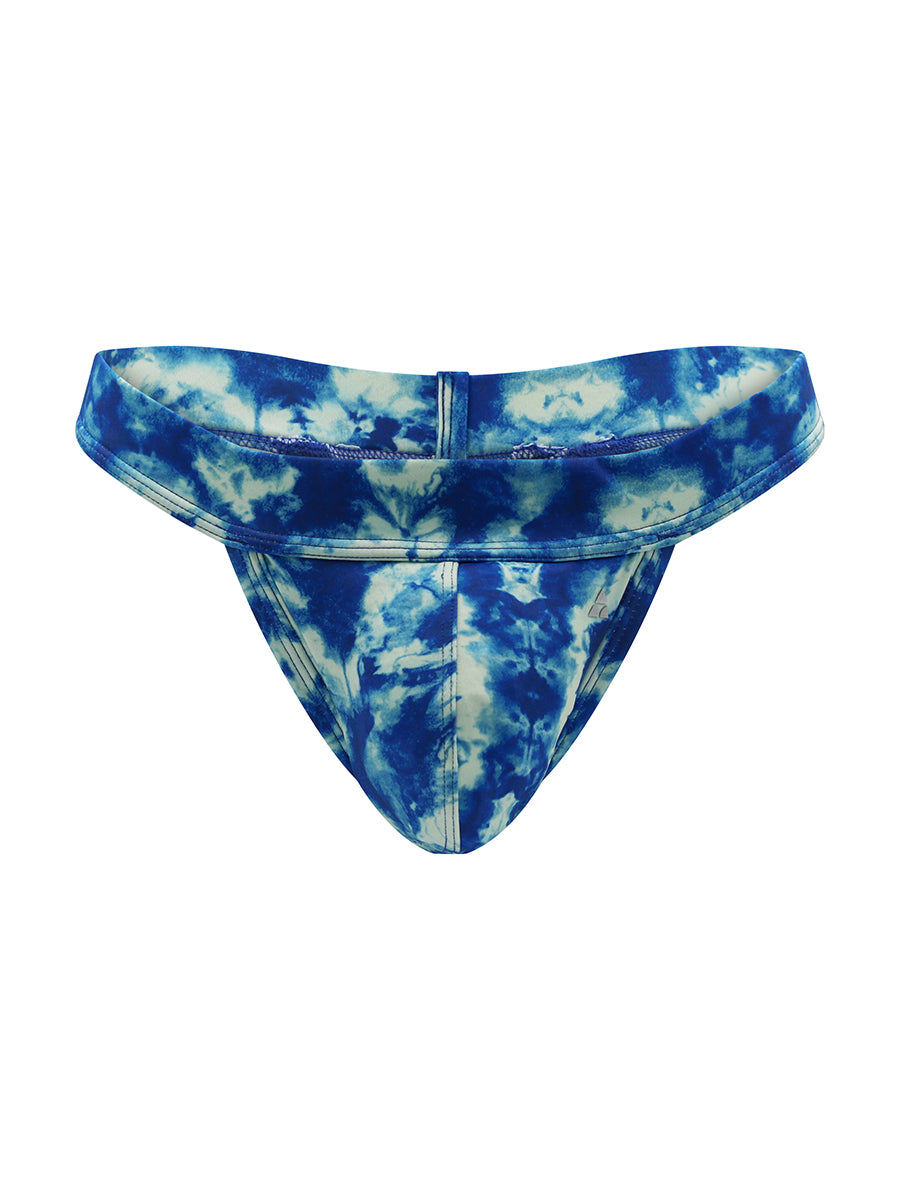 Front view of a blue and white tie dye swim thong on a white background.