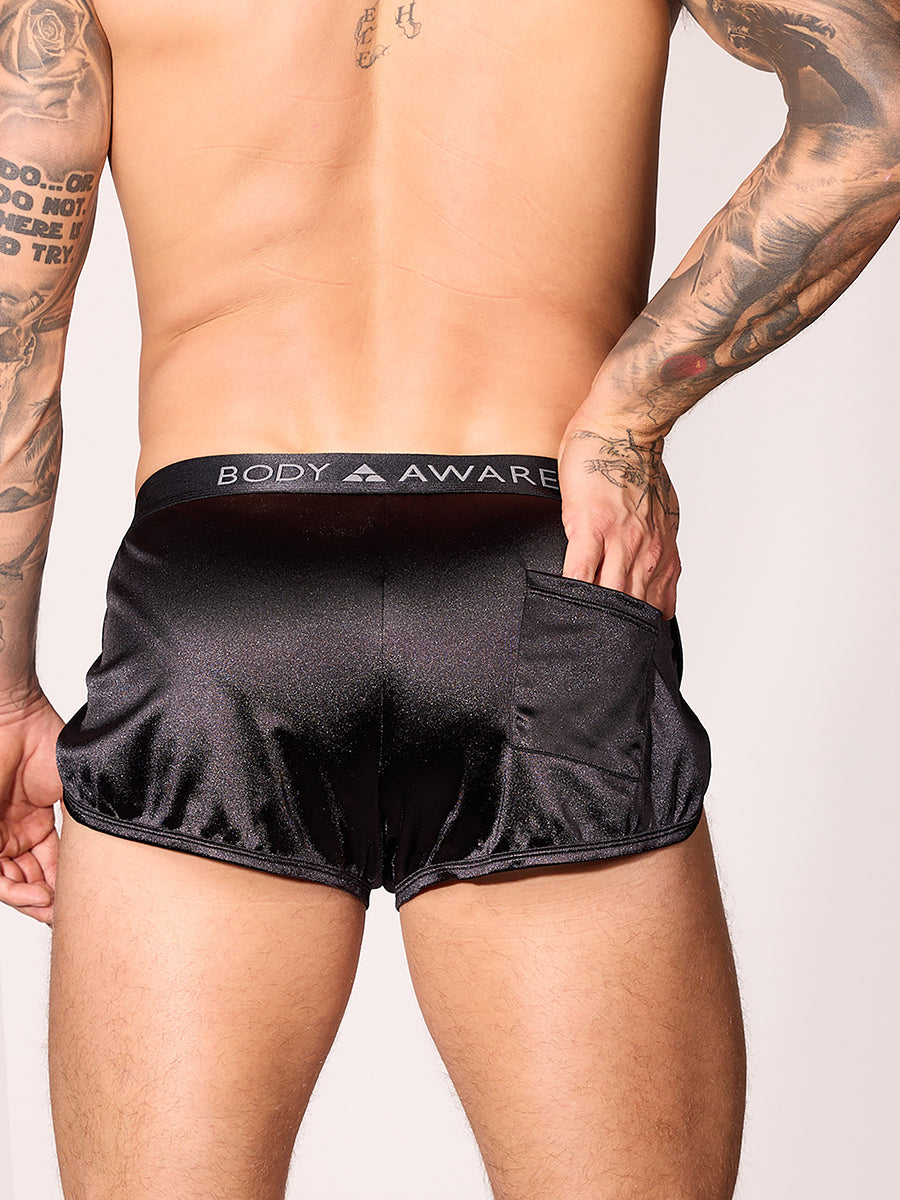 men's black satin track shorts - Body Aware