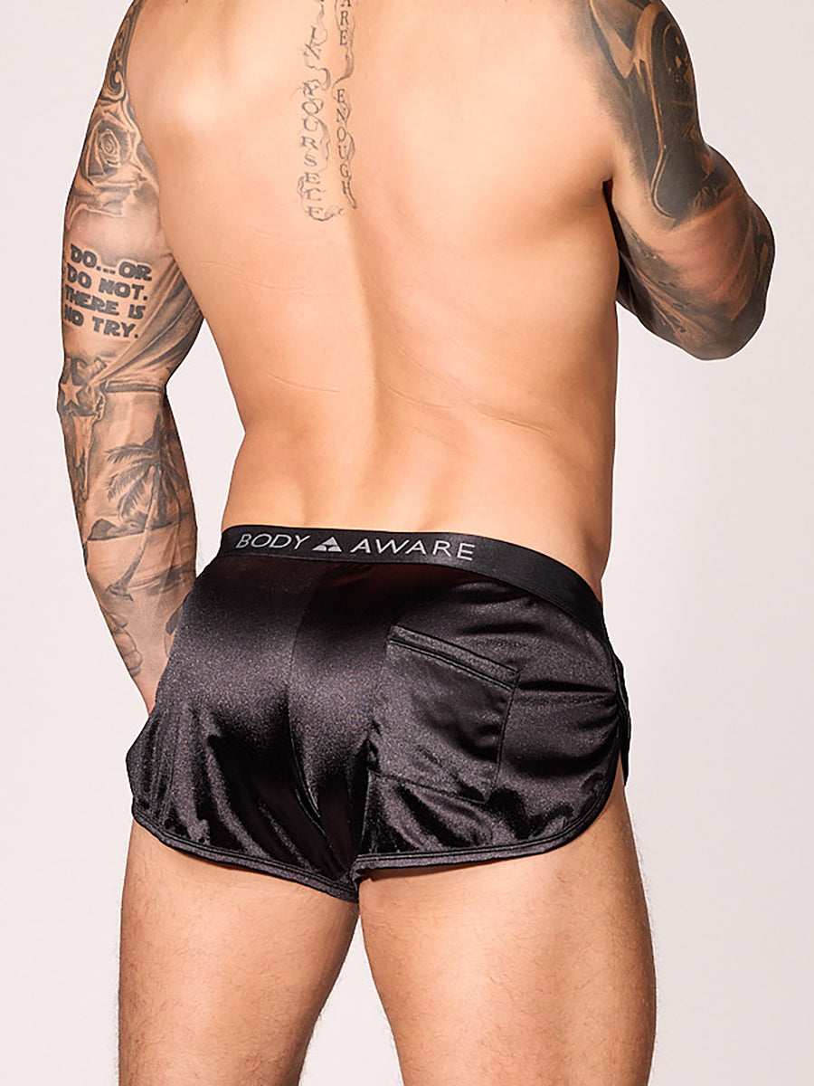 men's black satin track shorts - Body Aware