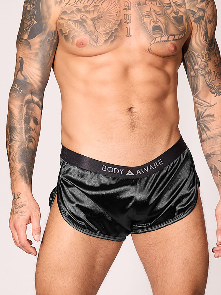 men's black satin track shorts - Body Aware