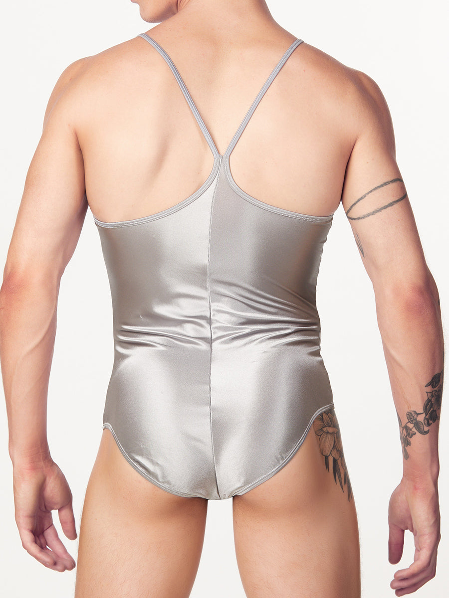 Men's satin silver bodysuit leotard