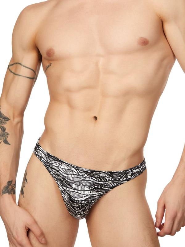 men's black and white print satin thong