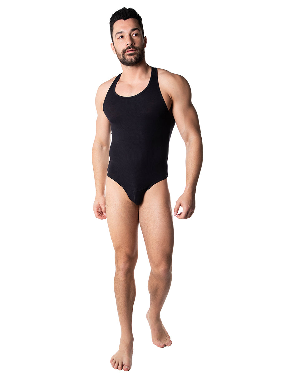 men's black ribbed thong bodysuits - Body Aware