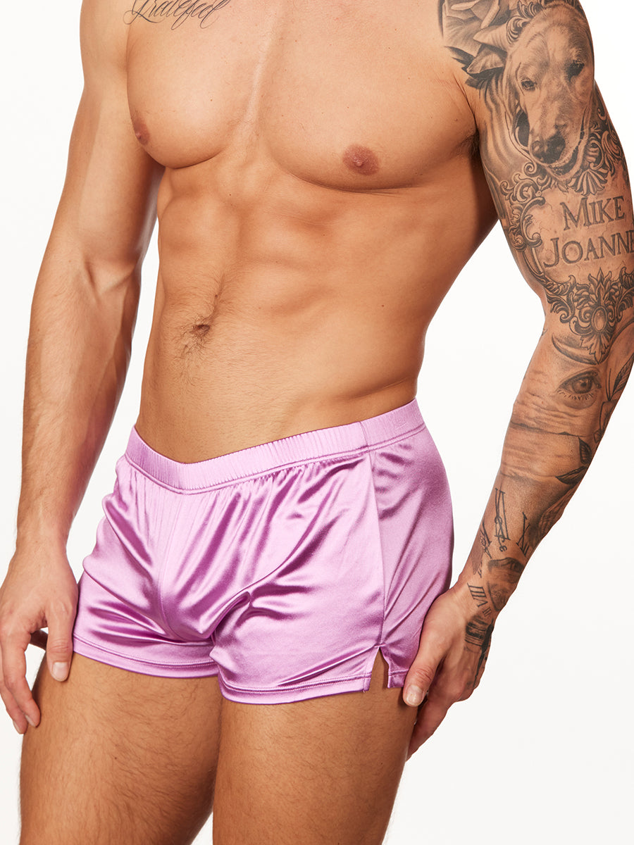 purple satin shorts