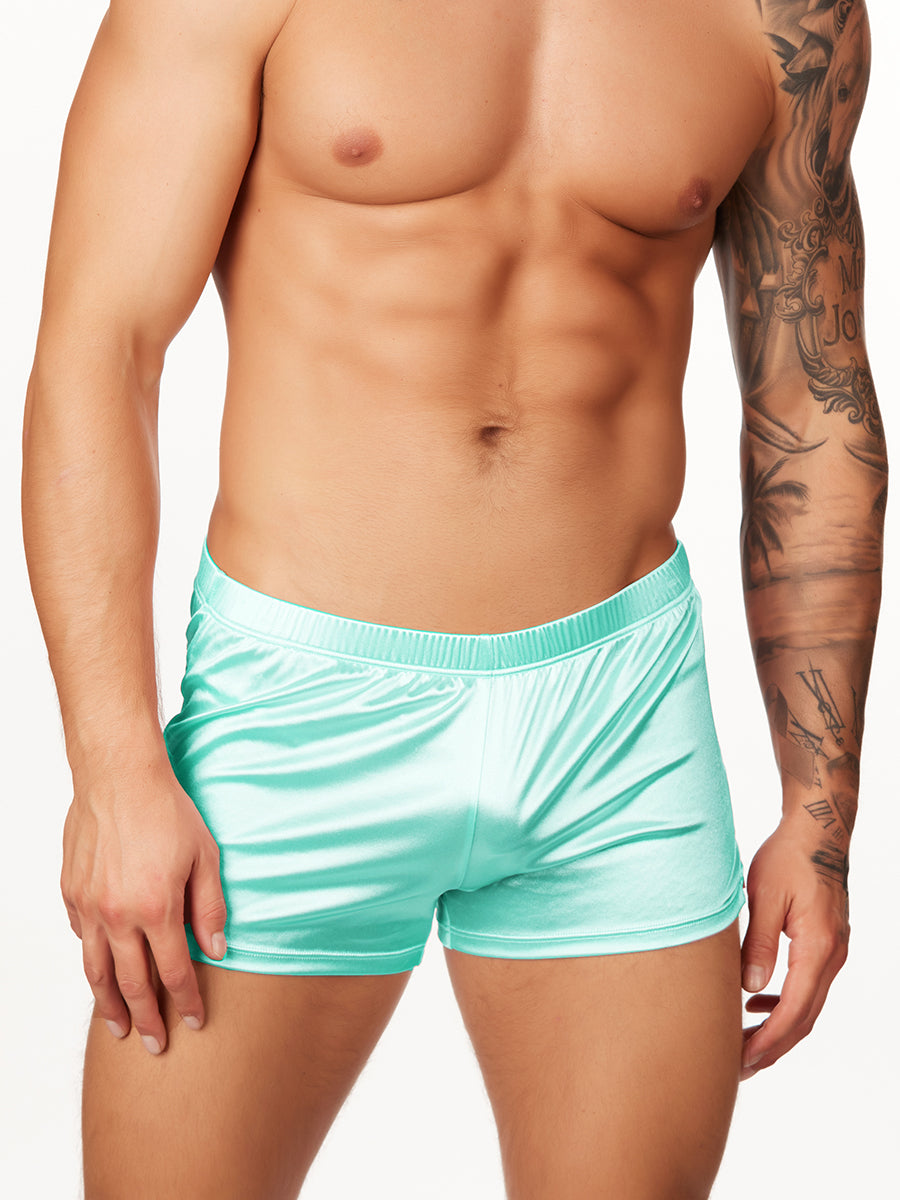 green aqua satin shorts