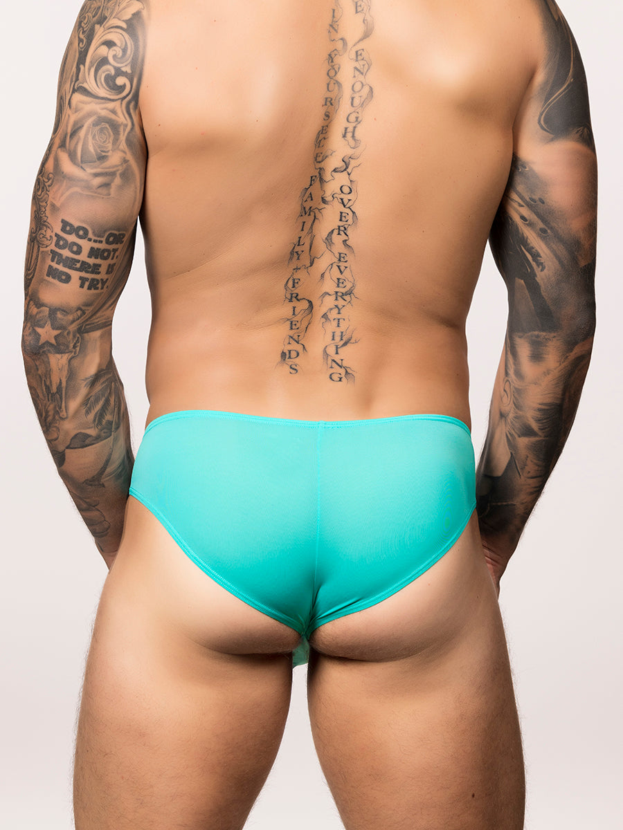 Back view of a man wearing light aqua Body Aware glow shaper brief