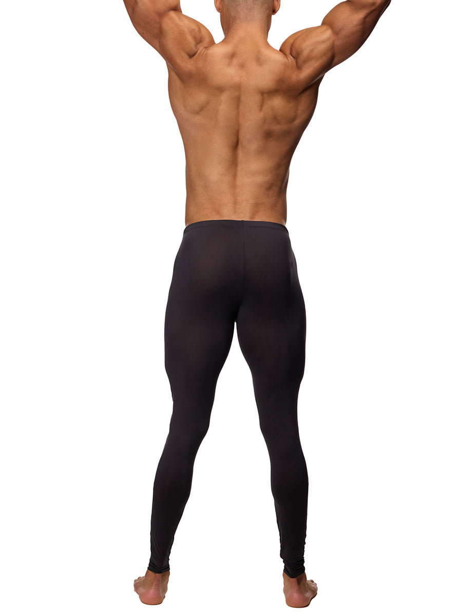Rear view of a male model wearing black Body Aware leggings