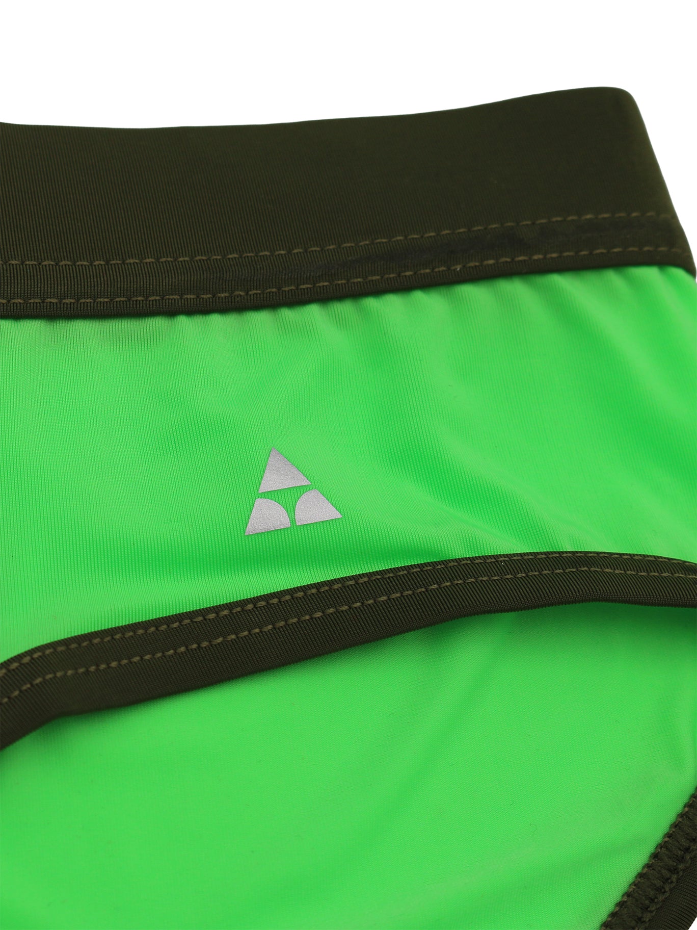 Closeup of green underwear with an olive trim on a white background