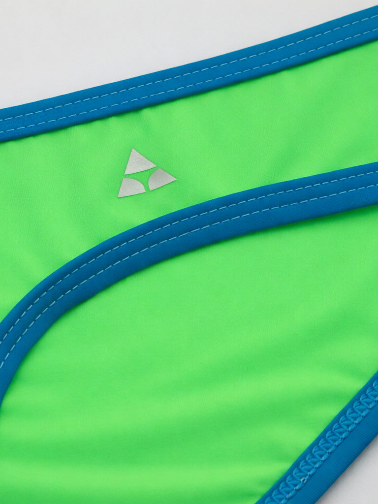 Closeup shot of bright green underwear with blue trim