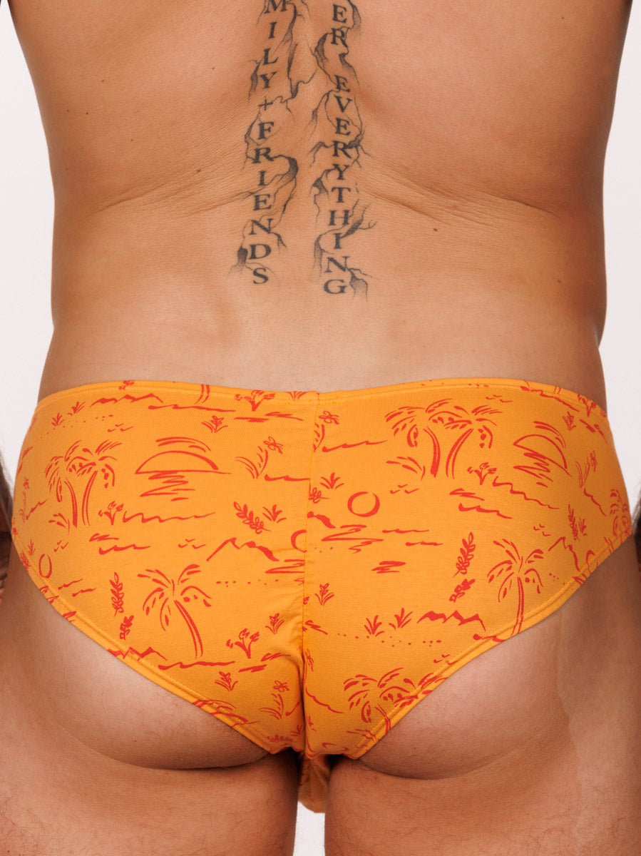 Closeup back view of a male model wearing an orange Body Aware brief