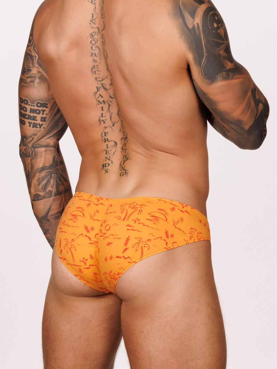 Back view of a male model wearing an orange Body Aware brief