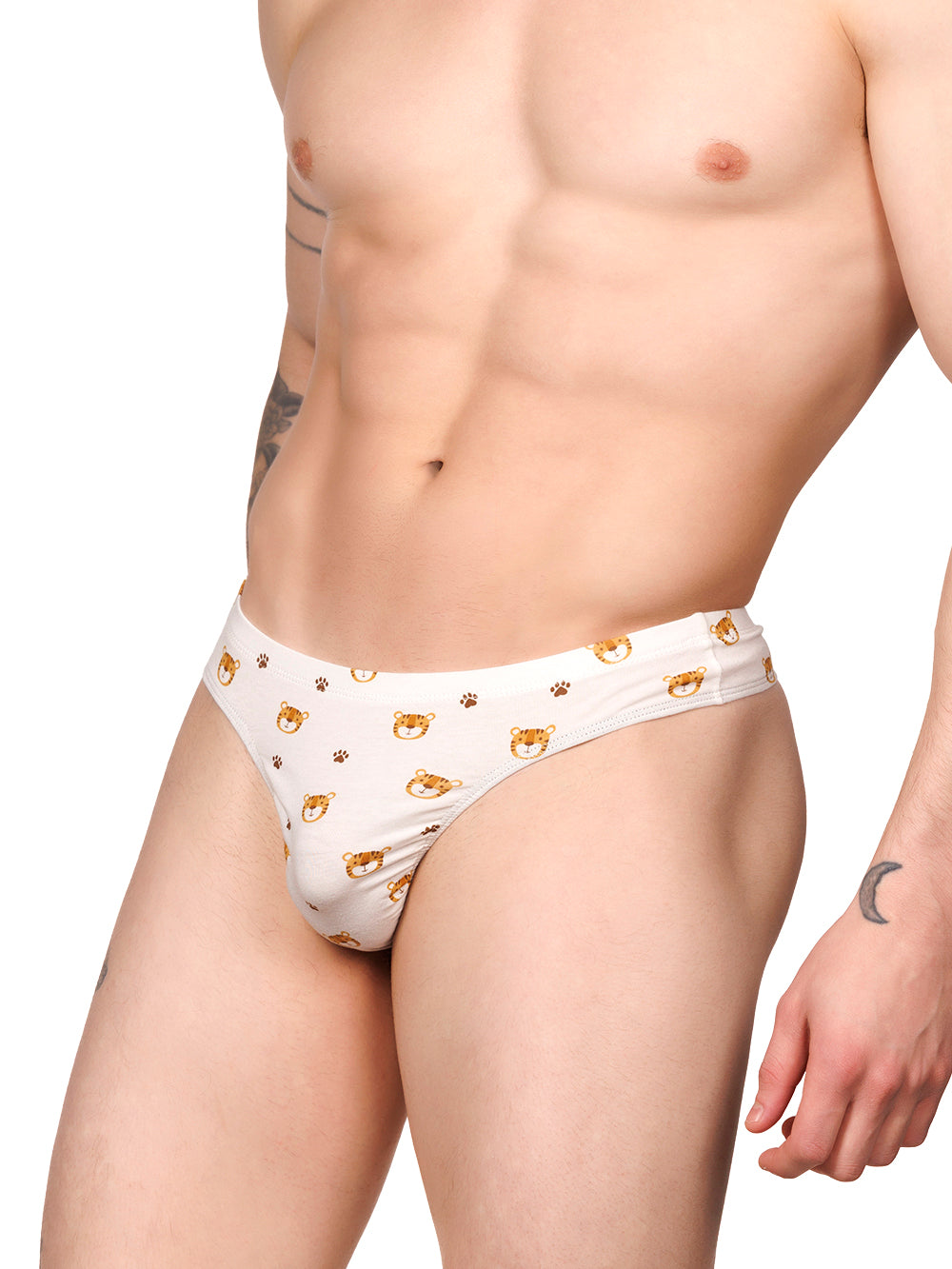 Side view of a male model wearing a white Body Aware thong with a tiger print pattern