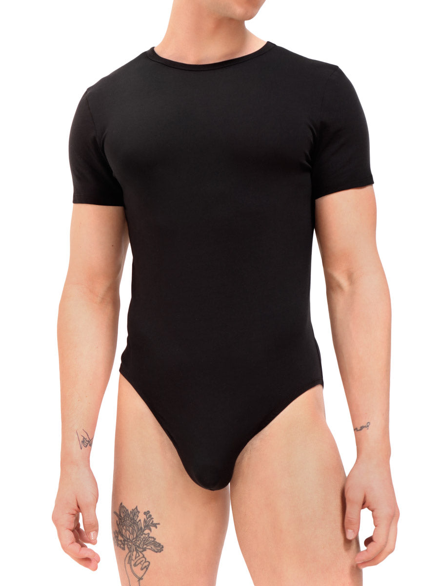 men's black cotton short sleeved bodysuit - Body Aware