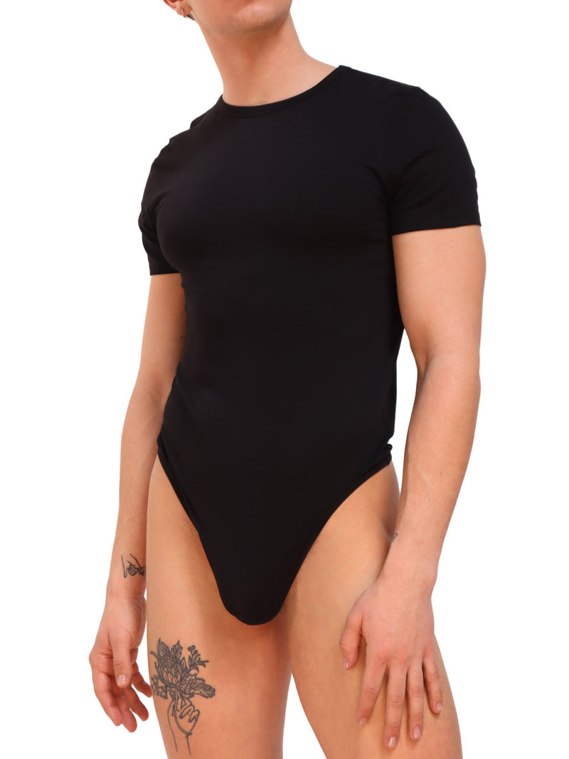 men's black cotton short-sleeve bodysuit - Body Aware