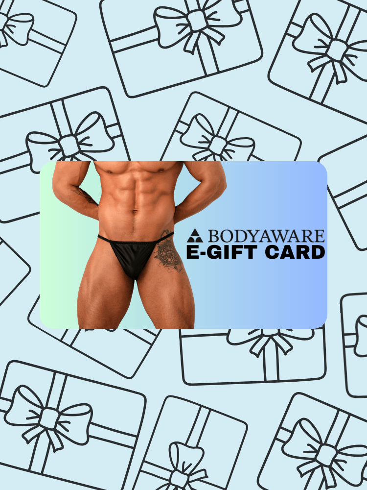 E-gift card with a person in underwear on a light blue background with gift box patterns.