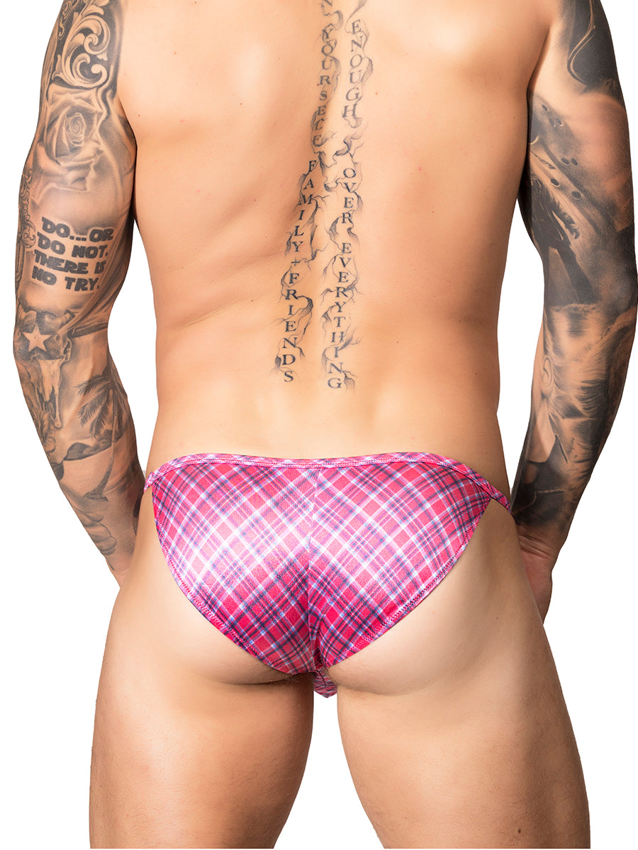 Back view of a male model wearing a pink Body Aware satin bikini brief with plaid pattern