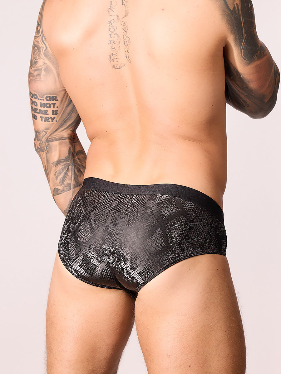 Back view black nylon brief with side mesh panel and elastic waist. White background Body Aware