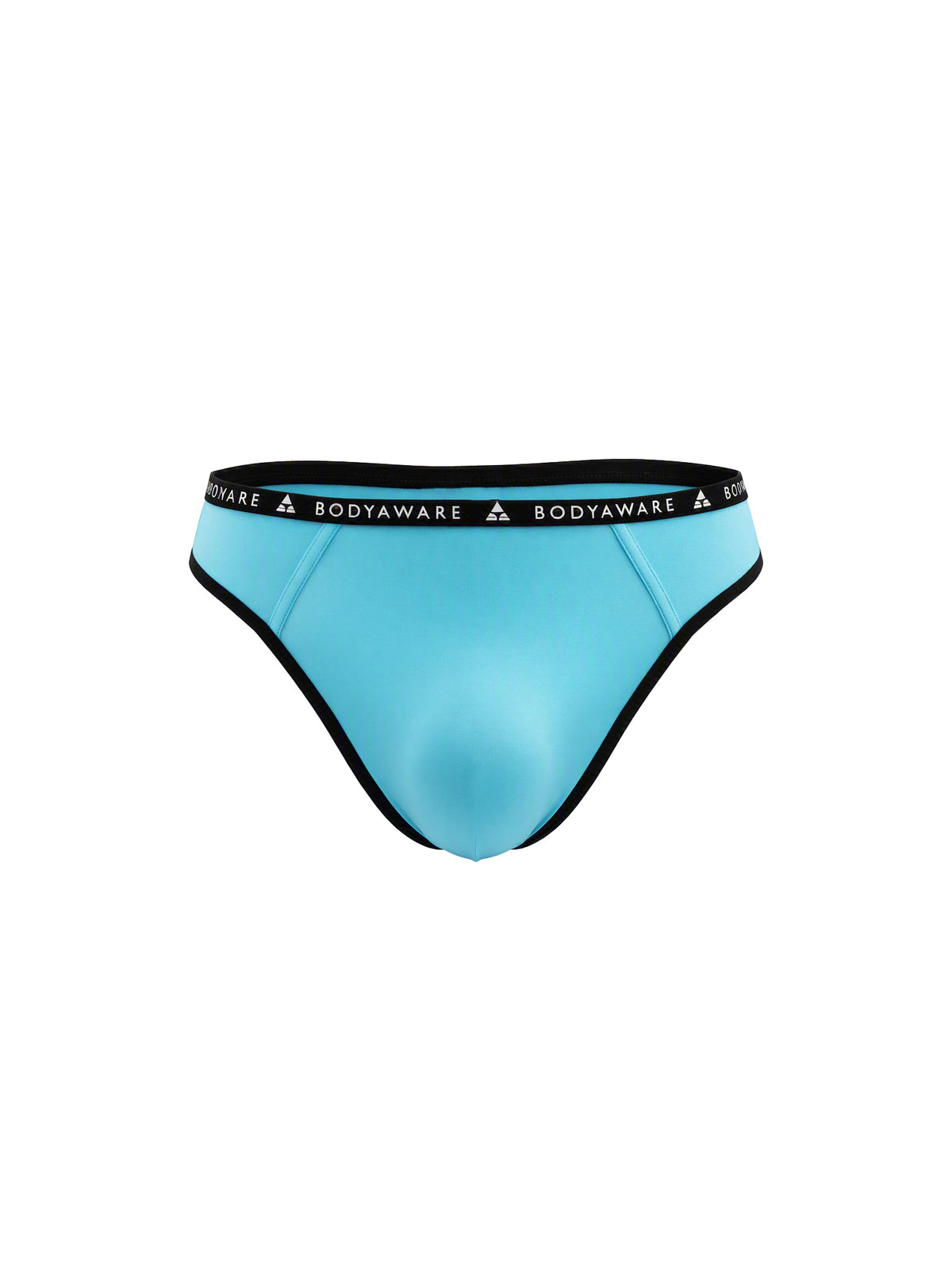 Front view of a light blue thong on a plain white background.