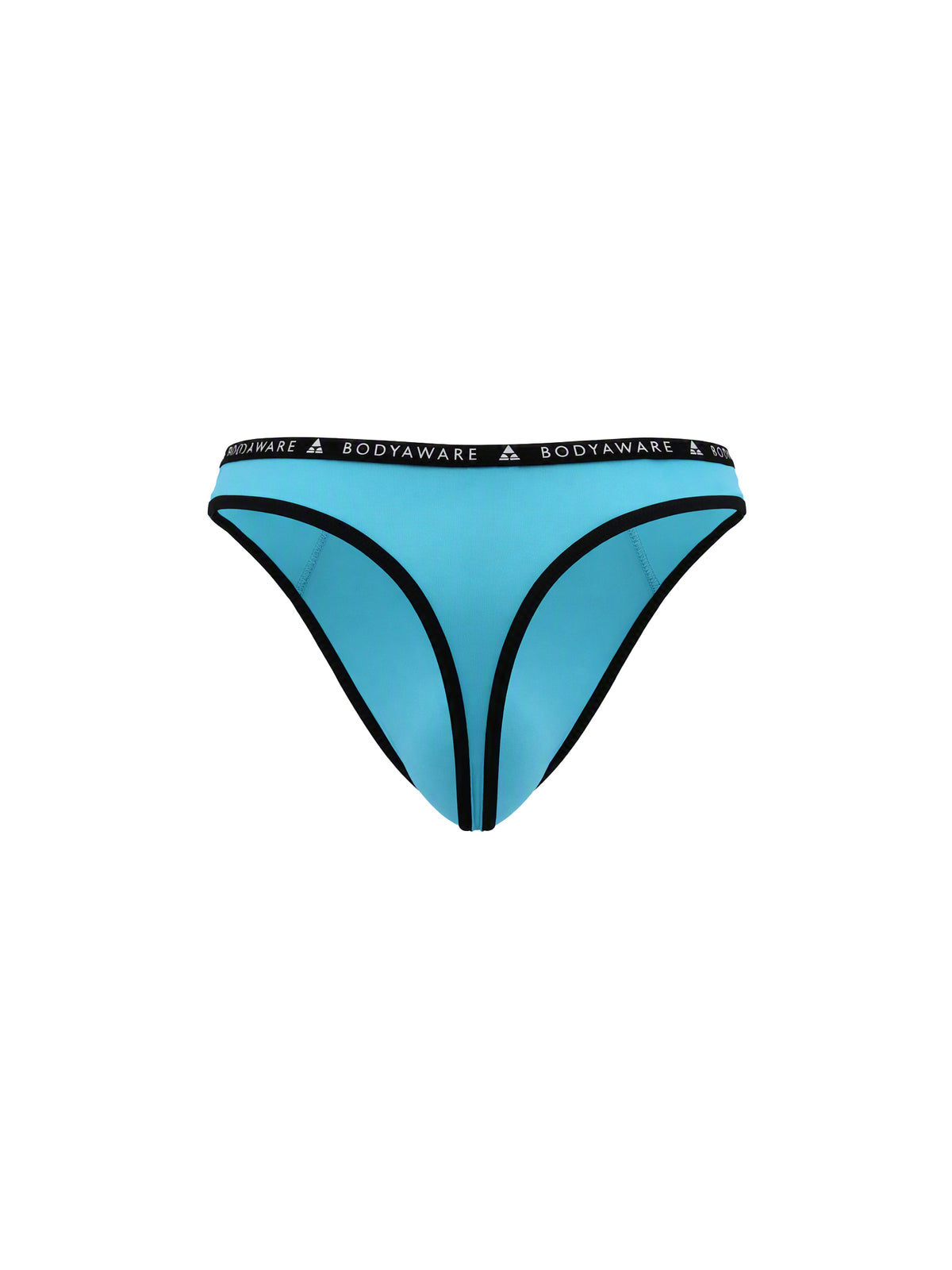 Rear view of a light blue thong on a plain white background.