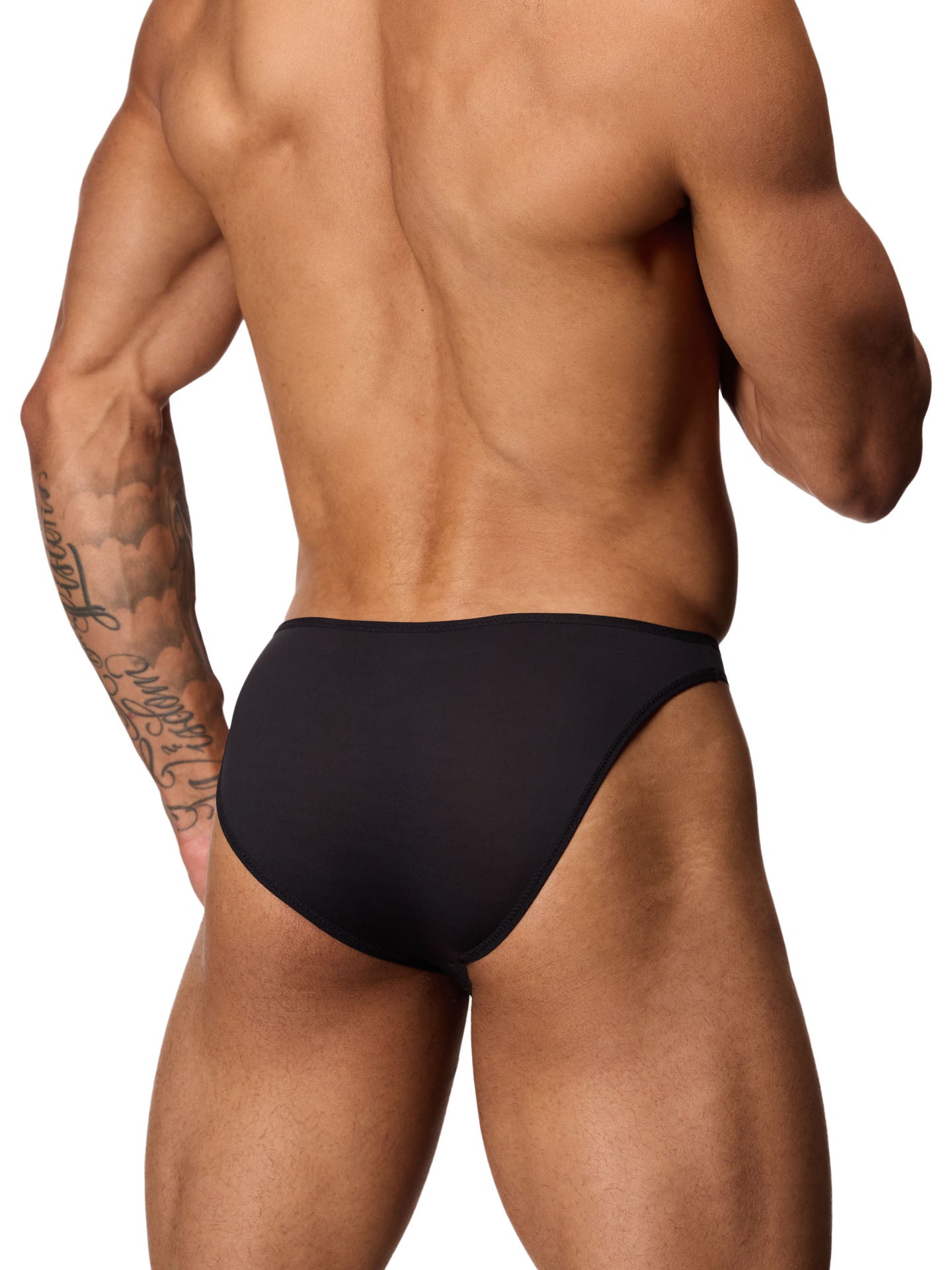 Back side view of a male model wearing a black Body Aware brief