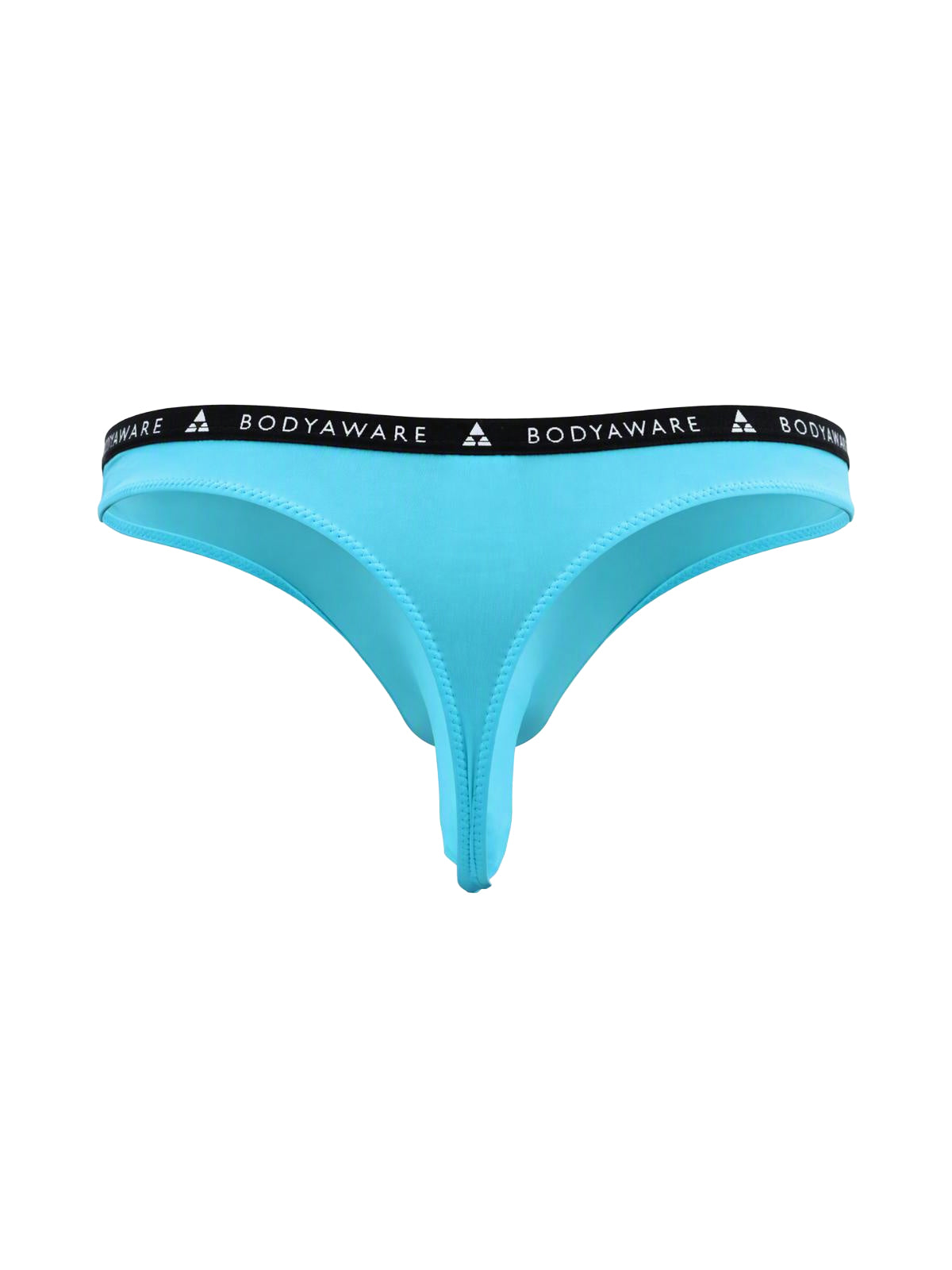 Rear view of a light blue thong with a sleeved pouch on a plain white background.