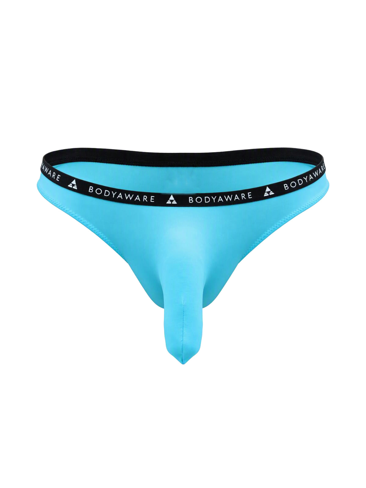 Front view of a light blue thong with a sleeved pouch on a plain white background.