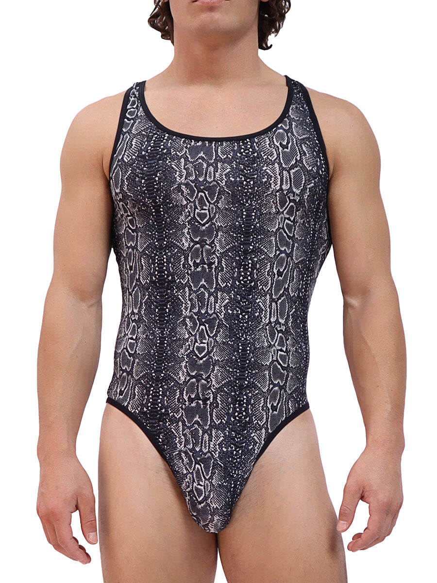 Men's Black Snake Print Thong Bodysuit-Bodysuits For Men-Body Aware