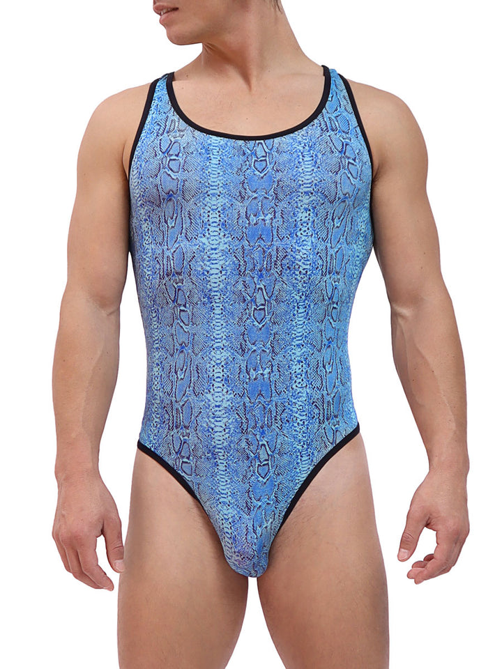 men's blue snakeskin print thong bodysuit - Body Aware