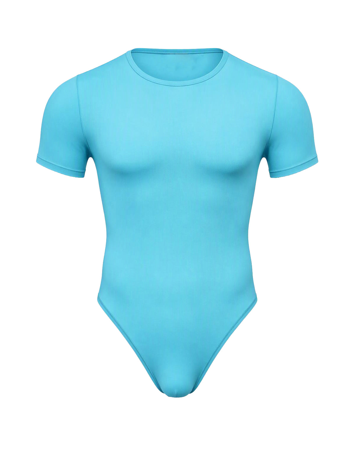 A light blue short sleeve thong bodysuit against a plain white background.