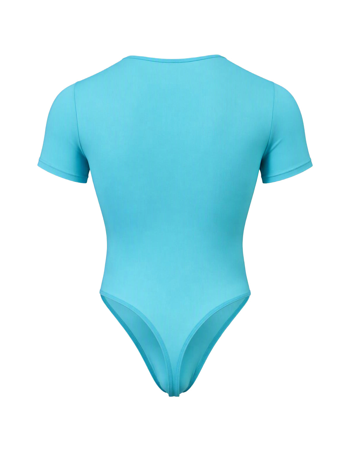 Rear view of a light blue short sleeve thong bodysuit against a plain white background.