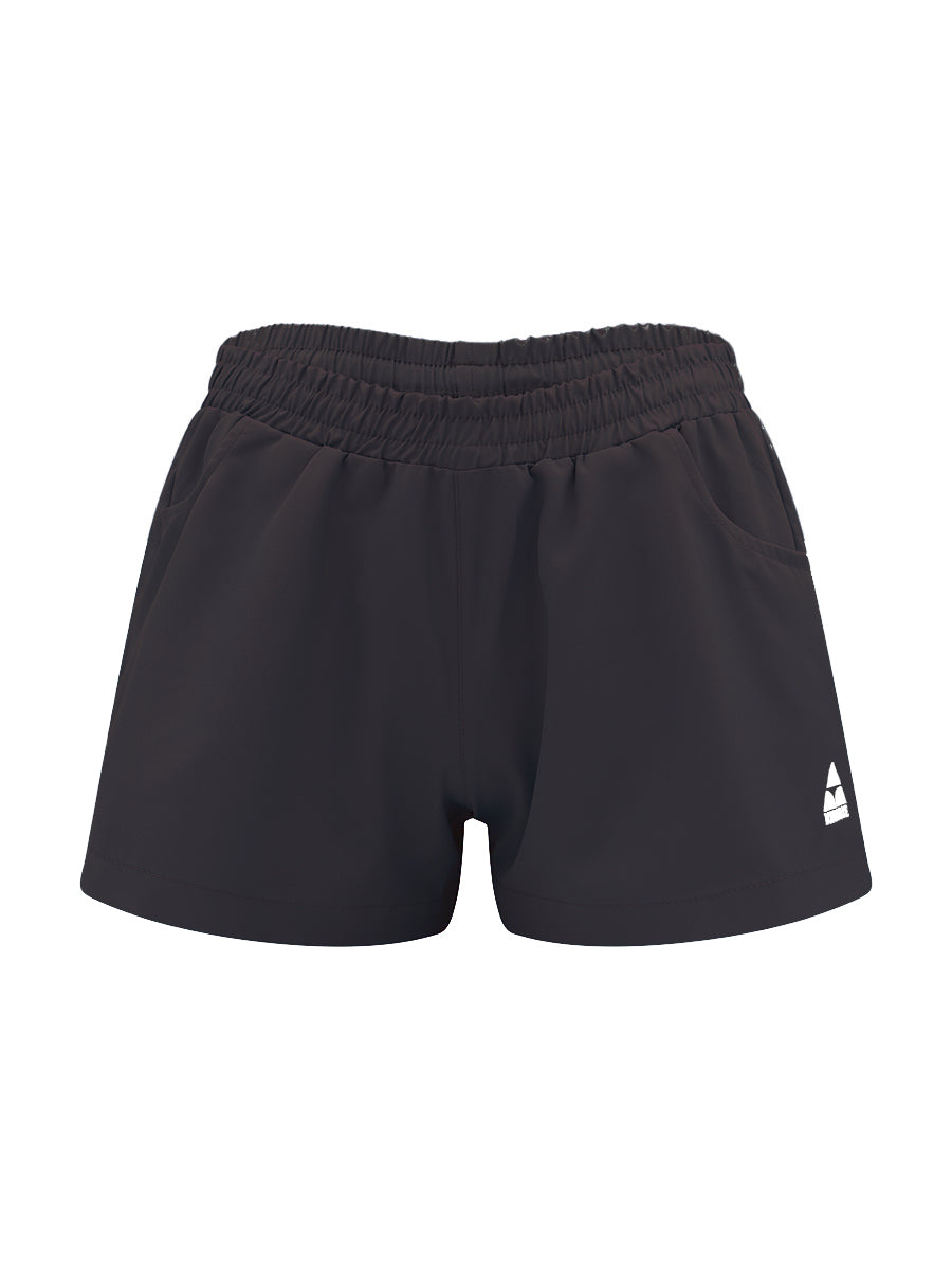 Black shorts with a white logo on a white background