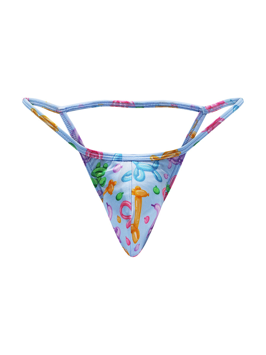 Front view of a light blue satin thong for men on a white background.