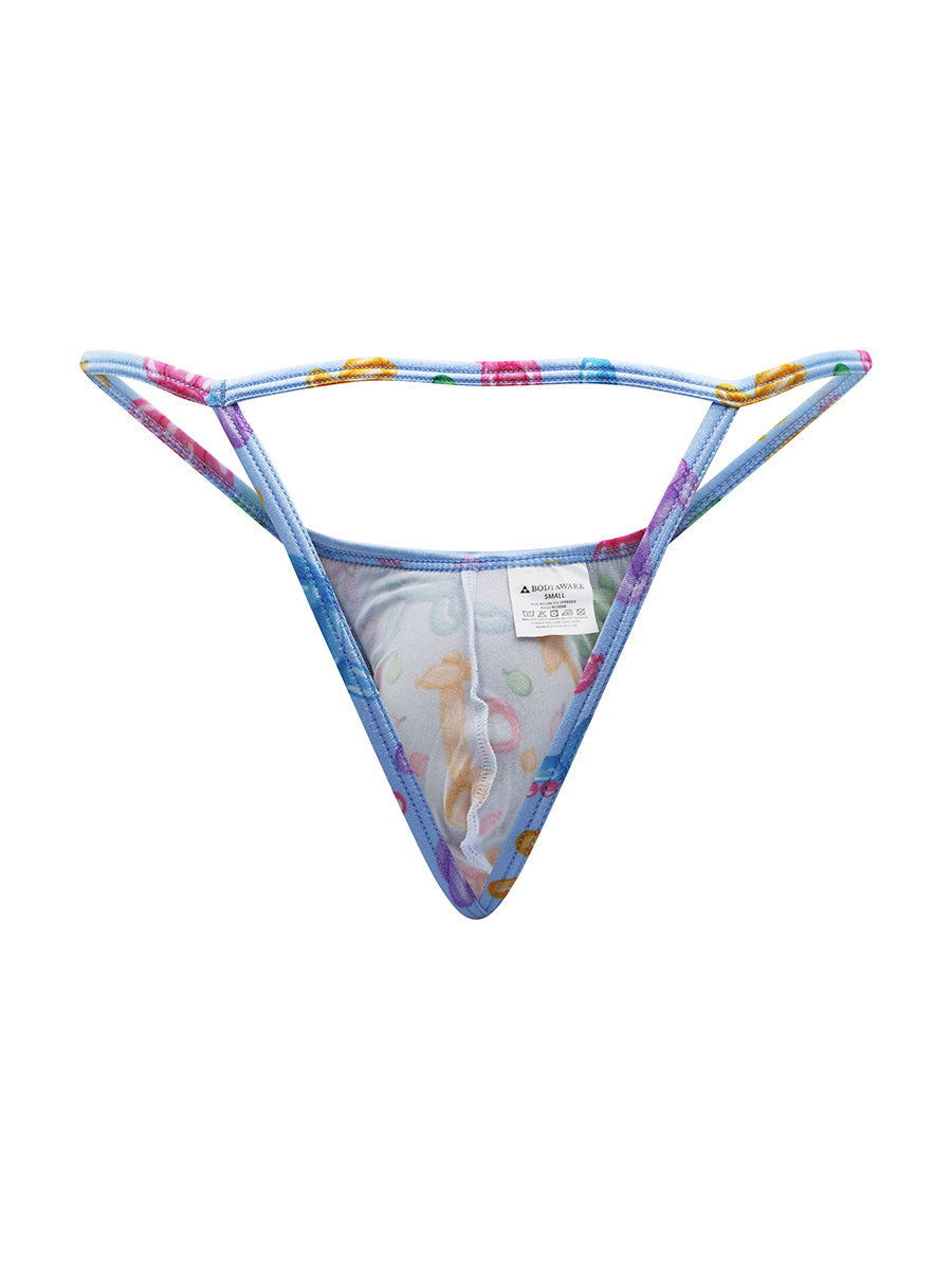 Rear view of a light blue satin thong for men on a white background.