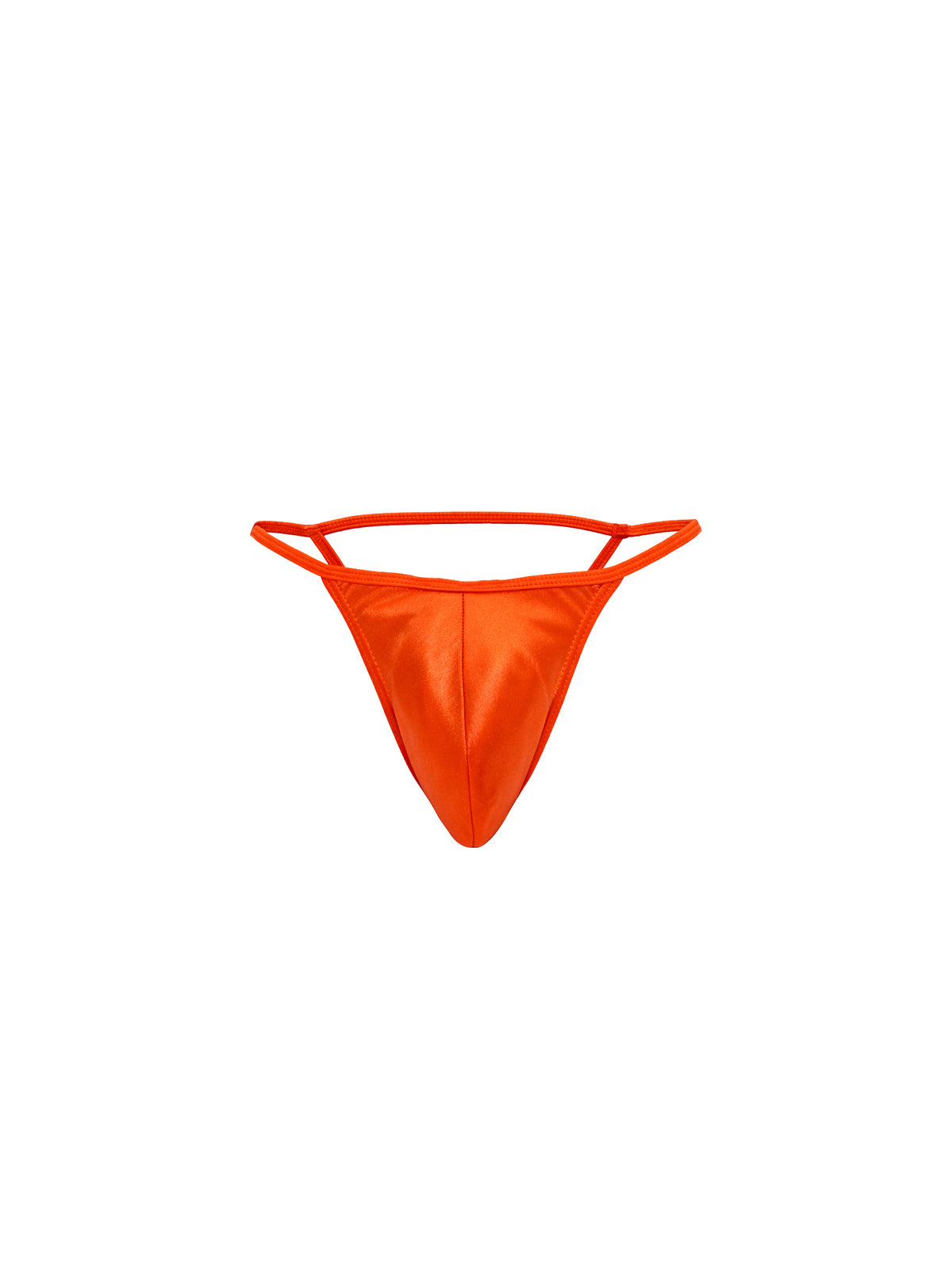 Men's orange satin thong on a white background. 