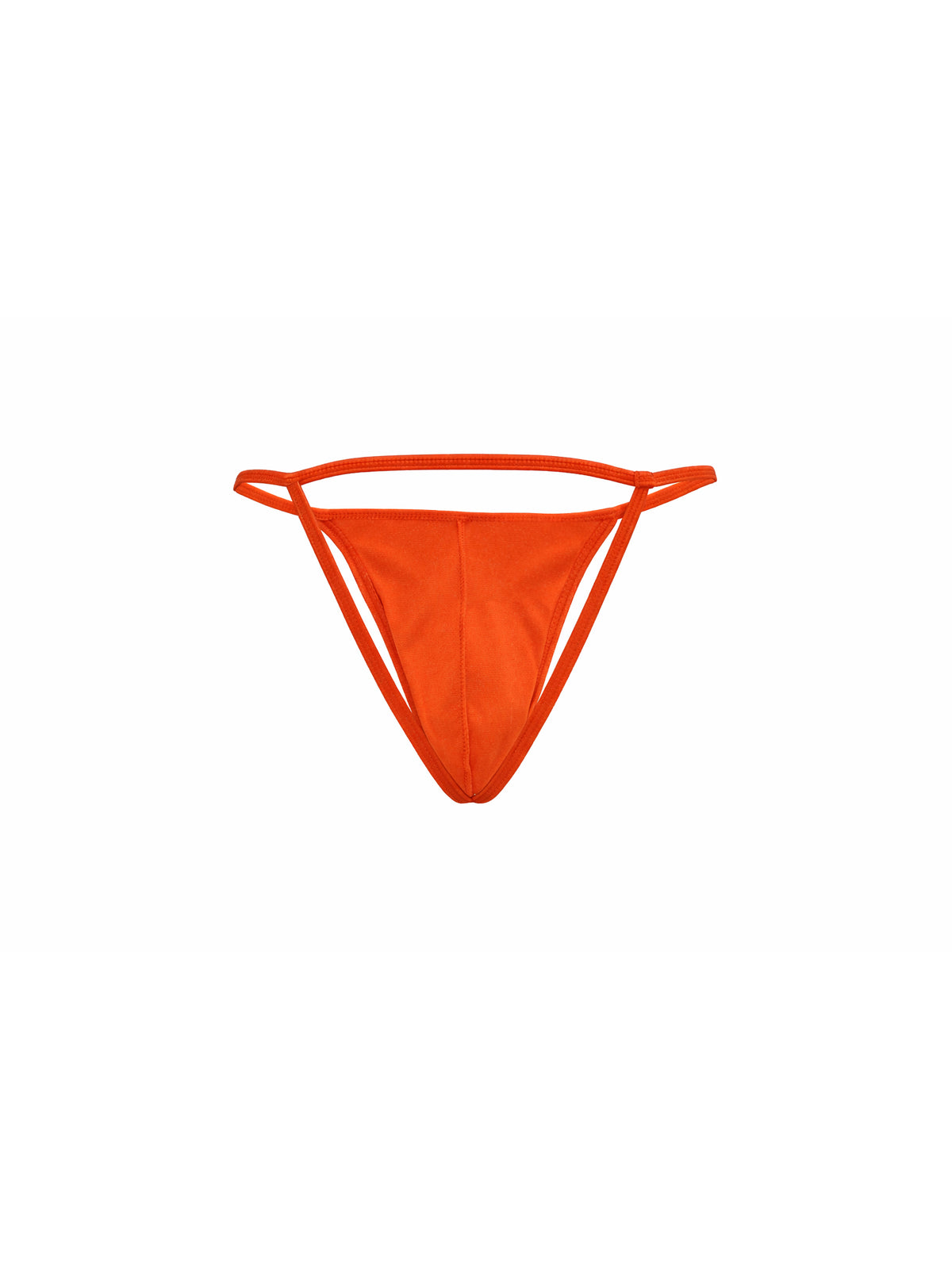 Bright orange satin thong on a plain white background.