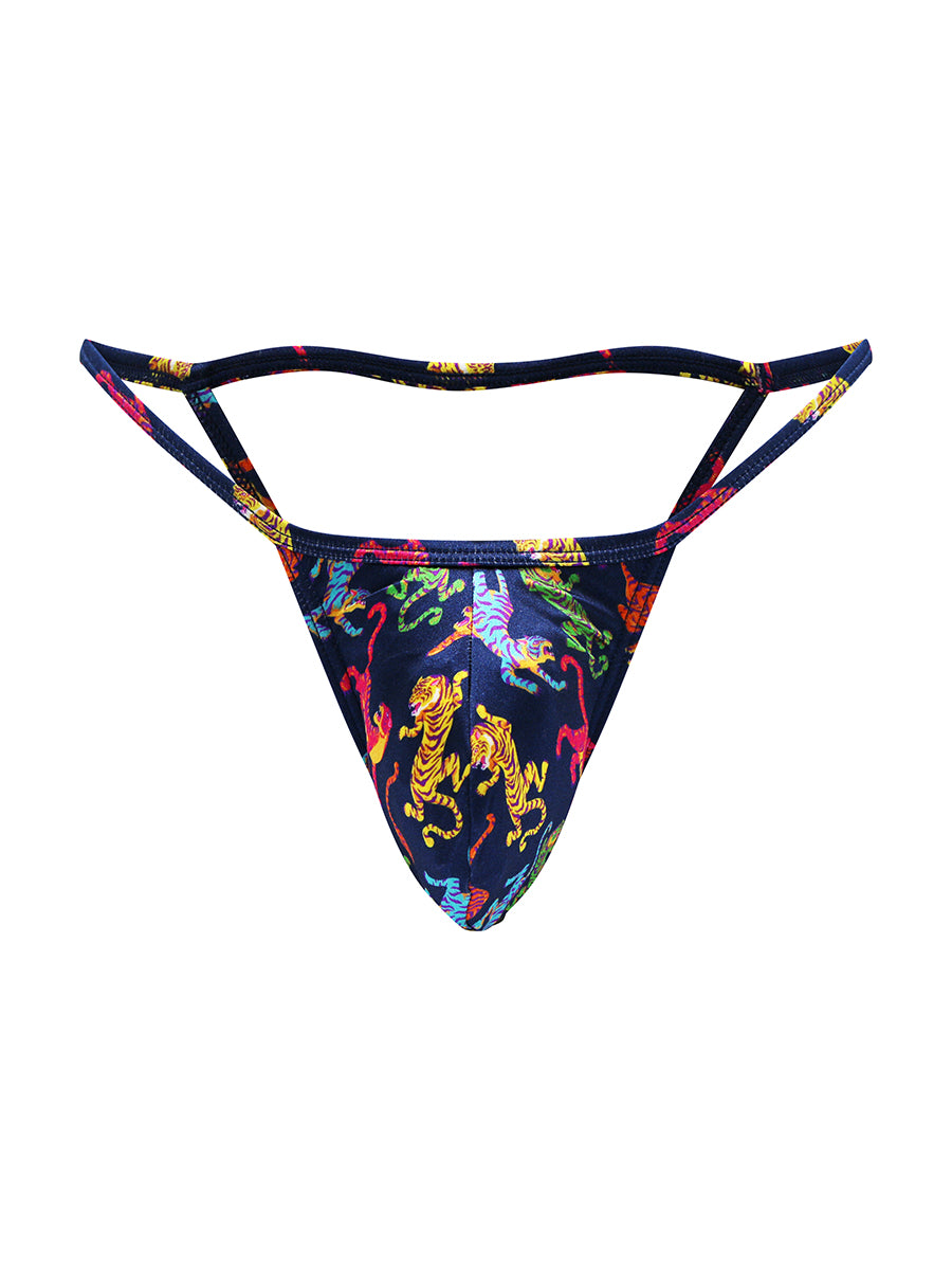 Front view of a navy blue satin thong on a white background.