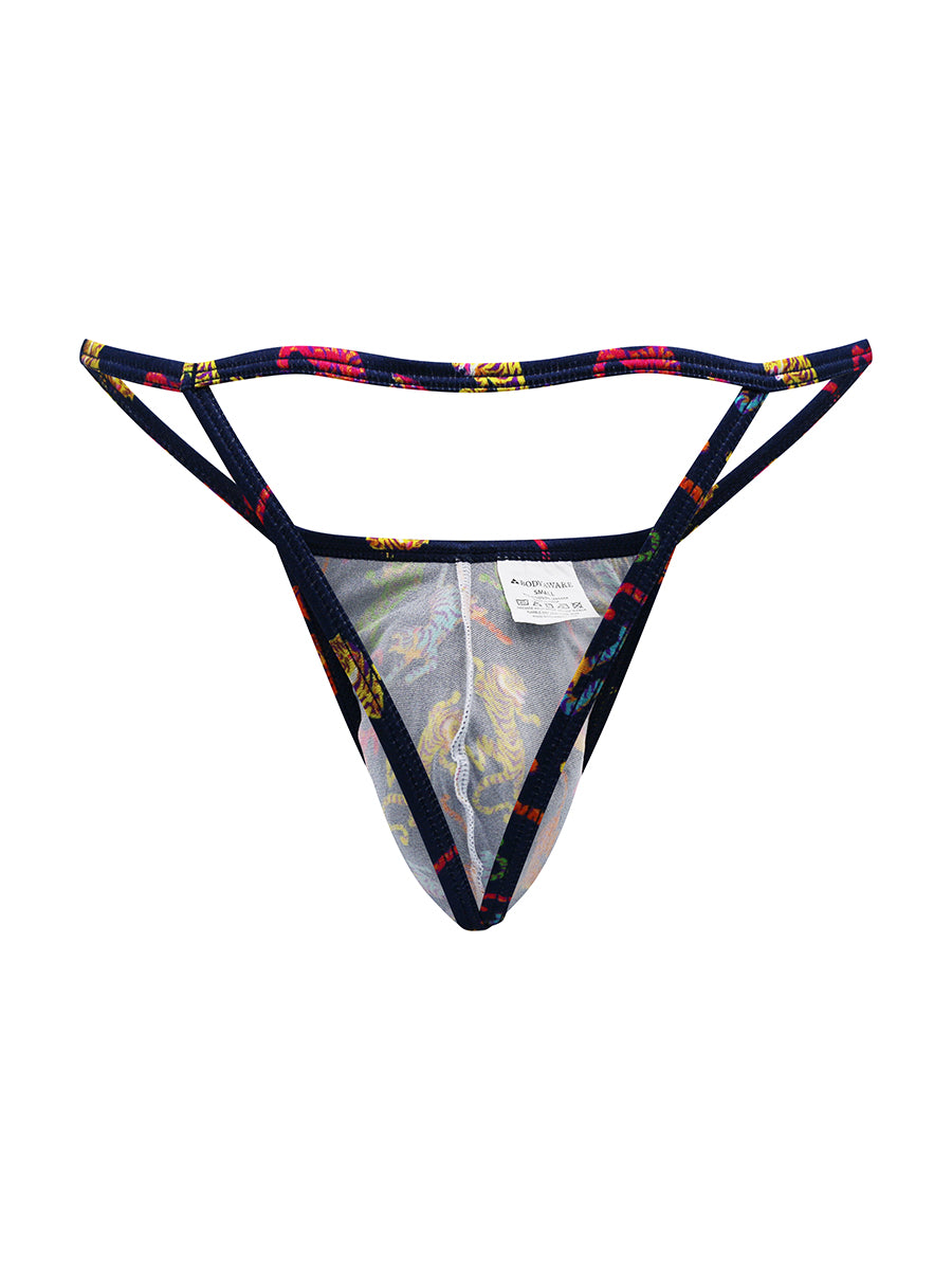 Rear view of a navy blue satin thong on a white background.